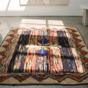 1930s Antique Hand Knotted Square Wool Floral Medallion American Rug (SKU 17432) - styled overhead view