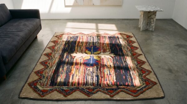 1930s antique hand knotted square wool floral medallion american rug (sku 17432) - styled overhead view