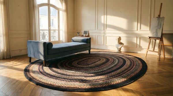 1935 american usa wool antique braided multicolor jewel tones oval rug 10 1935 american usa wool antique braided multicolor jewel tones oval rug (sku 25181) - room view