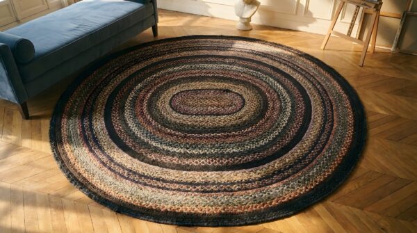 1935 american usa wool antique braided multicolor jewel tones oval rug 2 1935 american usa wool antique braided multicolor jewel tones oval rug (sku 25181) - styled overhead view