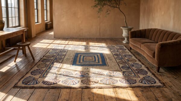 Antique 1939 american folk art fan arc square hooked rug 10 Antique 1939 american folk art fan arc square hooked rug (sku 20297) - room view