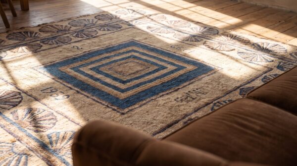 Antique 1939 american folk art fan arc square hooked rug 11 Antique 1939 american folk art fan arc square hooked rug (sku 20297) - in-room detail