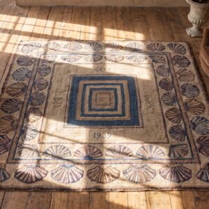 Antique 1939 American Folk Art Fan Arc Square Hooked Rug (SKU 20297) - styled overhead view