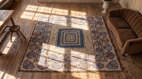 Antique 1939 american folk art fan arc square hooked rug 2 Antique 1939 american folk art fan arc square hooked rug (sku 20297) - styled overhead view