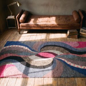 1940s Multicolor Antique Hooked American Small Scatter Size Wool Rug (SKU 21107) - styled overhead view