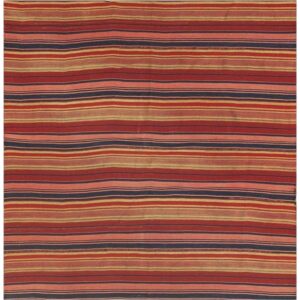 1950s Multi Stripe Geometric Flatweave Wool Vintage Turkish Kilim Square Rug