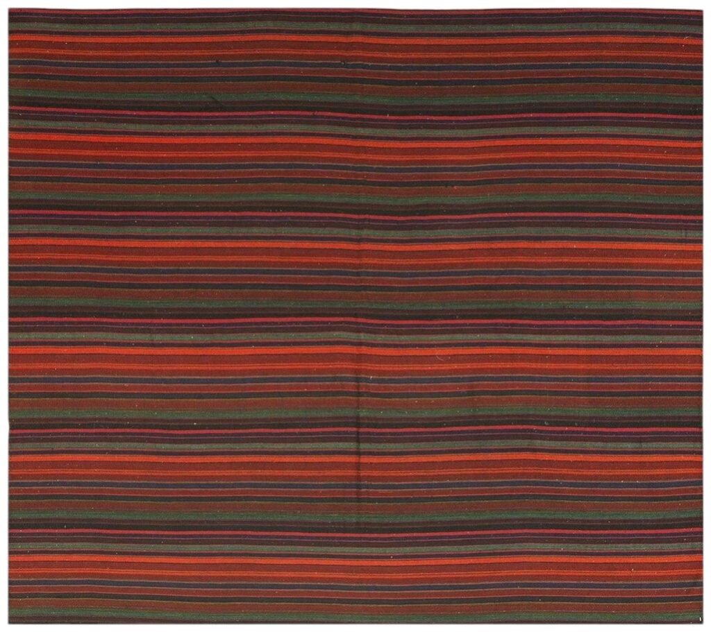 1950s Multicolor Ground Striped Vintage Flatweave Turkish Kilim Square Rug