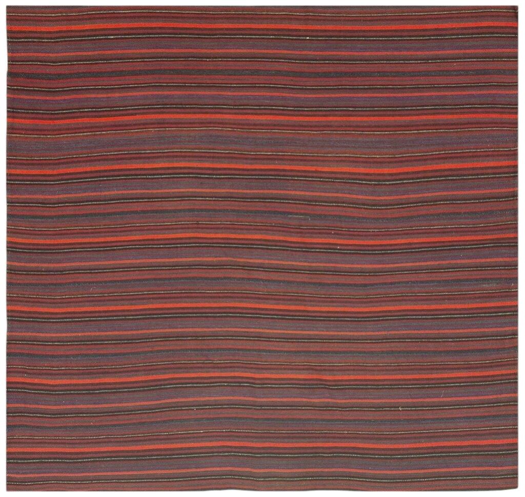 1950s Vintage Multi Dark Strioe Turkish Decorative Kilim Flatweave Square Rug