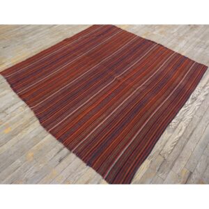 1950s Vintage Turkish Kilim Square Stripe Geometric Flatwoven Wool Rug - detail view 6