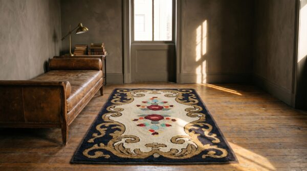Antique 19th century american folk art floral pattern hooked rug 7 Antique 19th century american folk art floral pattern hooked rug (sku 17309) - room view