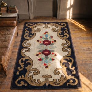 Antique 19th Century American Folk Art Floral Pattern Hooked Rug (SKU 17309) - styled overhead view