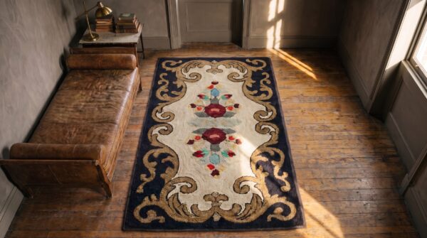 Antique 19th century american folk art floral pattern hooked rug 2 Antique 19th century american folk art floral pattern hooked rug (sku 17309) - styled overhead view
