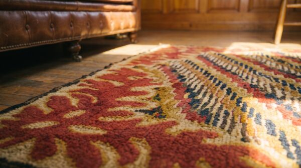 Antique 19th century american hooked square rug 8 Antique 19th century american hooked square rug (sku 18025) - in-room detail