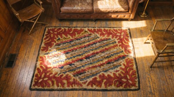 Antique 19th century american hooked square rug 2 Antique 19th century american hooked square rug (sku 18025) - styled overhead view