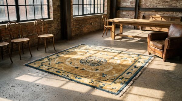 Antique 19th century chinese ningxia yellow square rug 6 Antique 19th century chinese ningxia yellow square rug (sku 22578) - room view