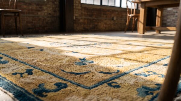 Antique 19th century chinese ningxia yellow square rug 7 Antique 19th century chinese ningxia yellow square rug (sku 22578) - in-room detail