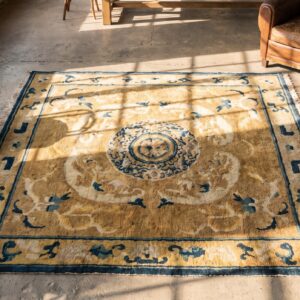 Antique 19th Century Chinese Ningxia Yellow Square Rug (SKU 22578) - styled overhead view