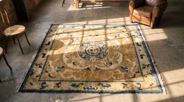 Antique 19th century chinese ningxia yellow square rug 2 Antique 19th century chinese ningxia yellow square rug (sku 22578) - styled overhead view