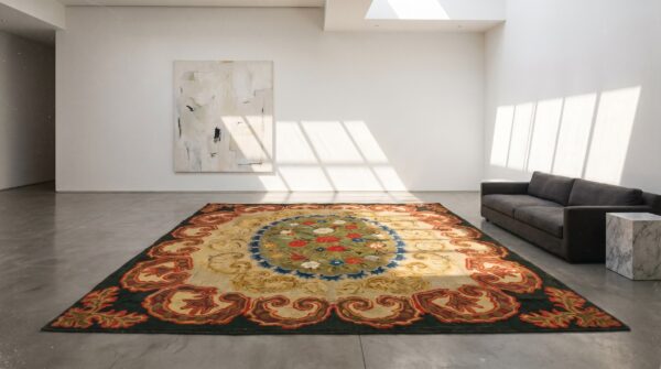 Antique 19th century floral folk art design american hooked rug 9 Antique 19th century floral folk art design american hooked rug (sku 18367) - room view