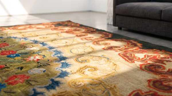 Antique 19th century floral folk art design american hooked rug 10 Antique 19th century floral folk art design american hooked rug (sku 18367) - in-room detail
