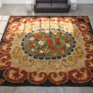 Antique 19th Century Floral Folk Art Design American Hooked Rug (SKU 18367) - styled overhead view
