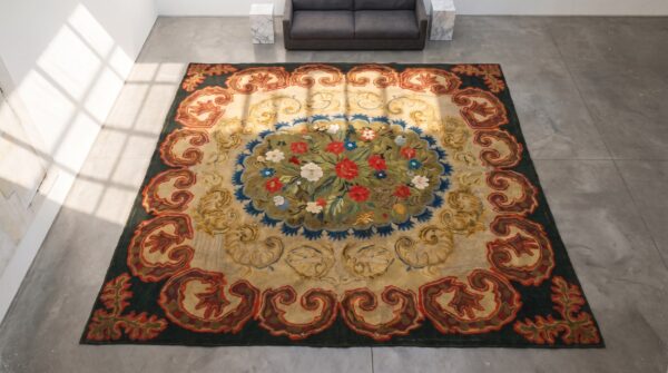 Antique 19th century floral folk art design american hooked rug 2 Antique 19th century floral folk art design american hooked rug (sku 18367) - styled overhead view
