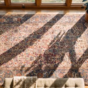 Antique 19th Century Ivory Tribal NW Persian Bakshaish Garden Design Gallery Carpet (SKU 19521) - styled overhead view