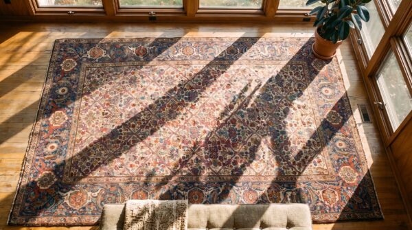 Antique 19th century ivory tribal nw persian bakshaish garden design gallery carpet (sku 19521) - styled overhead view