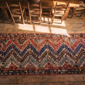 Antique 19th Century Persian Shahsavan Tribal Geometric Hallway Runner Rug (SKU 21663) - styled overhead view