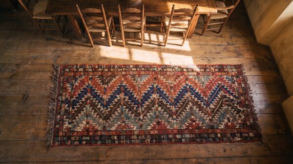 Antique 19th century persian shahsavan tribal geometric hallway runner rug 2 Antique 19th century persian shahsavan tribal geometric hallway runner rug (sku 21663) - styled overhead view