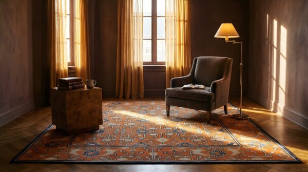 Antique 19th century red geometric square chinese kansu rug 9 Antique 19th century red geometric square chinese kansu rug (sku 25195) - room view