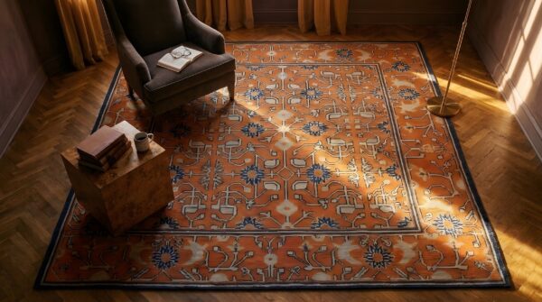 Antique 19th century red geometric square chinese kansu rug 2 Antique 19th century red geometric square chinese kansu rug (sku 25195) - styled overhead view