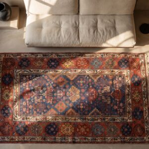 Antique 19th Century Tribal Hand-Knotted Blue Hallway Runner Rug (SKU 19639) - styled overhead view