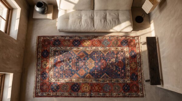 Antique 19th century tribal hand-knotted blue hallway runner rug 2 Antique 19th century tribal hand-knotted blue hallway runner rug (sku 19639) - styled overhead view