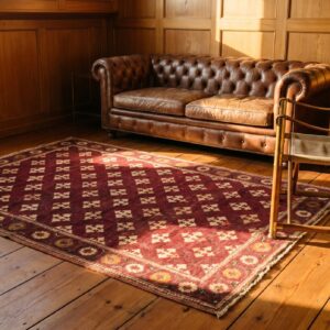 Antique 4 Pointed Star Indian Small Wool Agra Red Rug (SKU 21149) - room view
