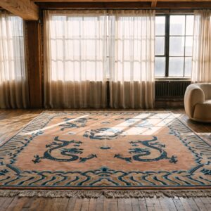 Antique 5 Chinese Dragons Wool Pile Hand Knotted Ningxia Coral Rug (SKU 22406) - room view