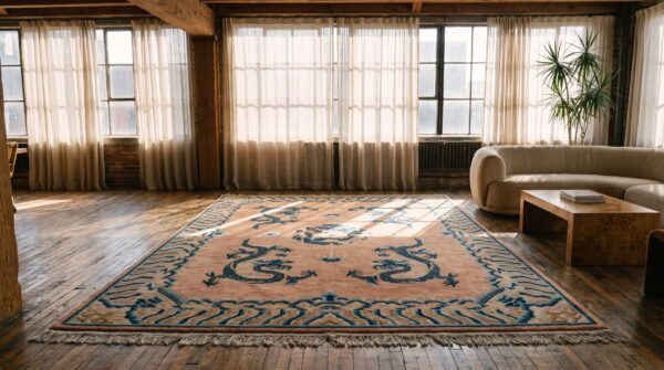 Antique 5 chinese dragons wool pile hand knotted ningxia coral rug 6 Antique 5 chinese dragons wool pile hand knotted ningxia coral rug (sku 22406) - room view