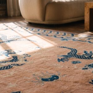 Antique 5 Chinese Dragons Wool Pile Hand Knotted Ningxia Coral Rug (SKU 22406) - in-room detail