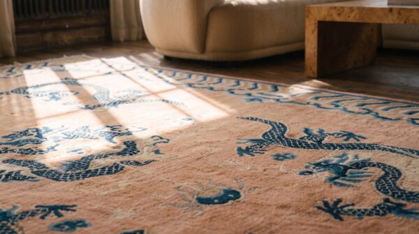 Antique 5 chinese dragons wool pile hand knotted ningxia coral rug 7 Antique 5 chinese dragons wool pile hand knotted ningxia coral rug (sku 22406) - in-room detail