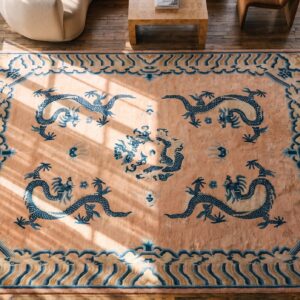 Antique 5 Chinese Dragons Wool Pile Hand Knotted Ningxia Coral Rug (SKU 22406) - styled overhead view