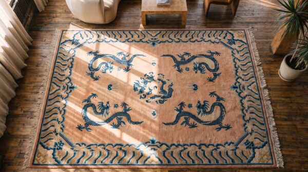 Antique 5 chinese dragons wool pile hand knotted ningxia coral rug 2 Antique 5 chinese dragons wool pile hand knotted ningxia coral rug (sku 22406) - styled overhead view