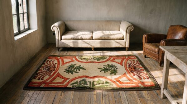 Antique 5 pointed star and leaf pattern american hooked rug 6 Antique 5 pointed star and leaf pattern american hooked rug (sku 17654) - room view