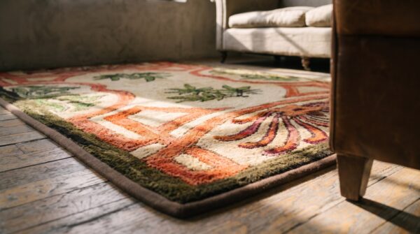 Antique 5 pointed star and leaf pattern american hooked rug 7 Antique 5 pointed star and leaf pattern american hooked rug (sku 17654) - in-room detail