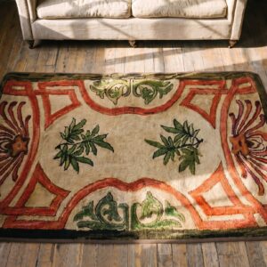 Antique 5 Pointed Star and Leaf Pattern American Hooked Rug (SKU 17654) - styled overhead view