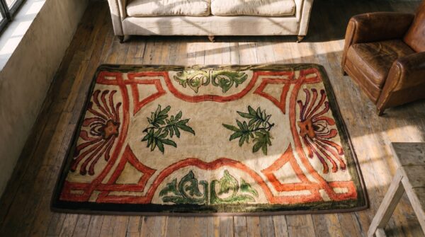 Antique 5 pointed star and leaf pattern american hooked rug 2 Antique 5 pointed star and leaf pattern american hooked rug (sku 17654) - styled overhead view