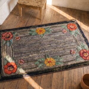 Abstract Gray Field Antique American Floral Inlay Pattern Hooked Rug (SKU 19903) - styled overhead view