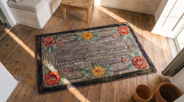 Abstract gray field antique american floral inlay pattern hooked rug (sku 19903) - styled overhead view