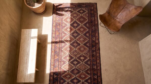 Antique afshar hallway runner wool multicolor rug (sku 21404) - styled overhead view