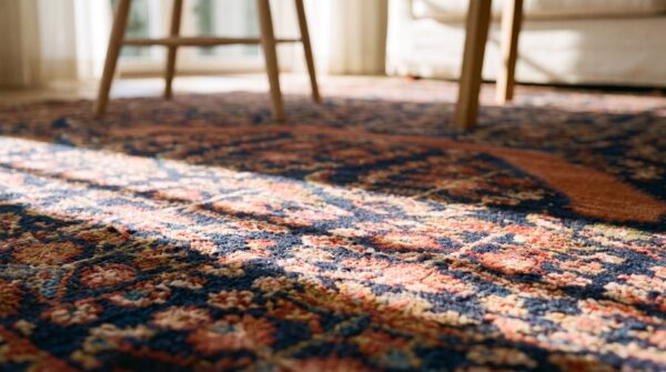 Antique afshar persian allover floral hand knotted square rug (sku 24508) - in-room detail