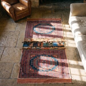 Antique Afshar Persian Geometric Medallion Hand Knotted Pile Horse Cover (SKU 25468) - styled overhead view
